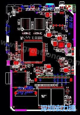 上圖是一個開發板的PCB，從布局中可以看出各個接口電路分離很明確，SDRAM和DDR以及SD卡接口電路等走線不會造成相互的干擾。-深圳宏力捷