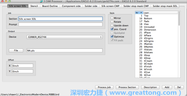 假如你有匯入點(diǎn)陣圖圖層（抑或是有某個(gè)圖層是你不想要它們出現(xiàn)在絲印上的），請(qǐng)?jiān)俅未_認(rèn)標(biāo)簽列下面被指定的圖層都是正確無誤的。