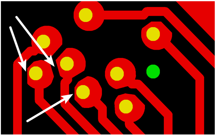按源文件文件數據計算，孔邊緣到線邊緣6mil，孔環4mil，環到線只有2mil，保證環到線之間有3mil的安全間距需削1mil焊環，削后焊盤只有3mil